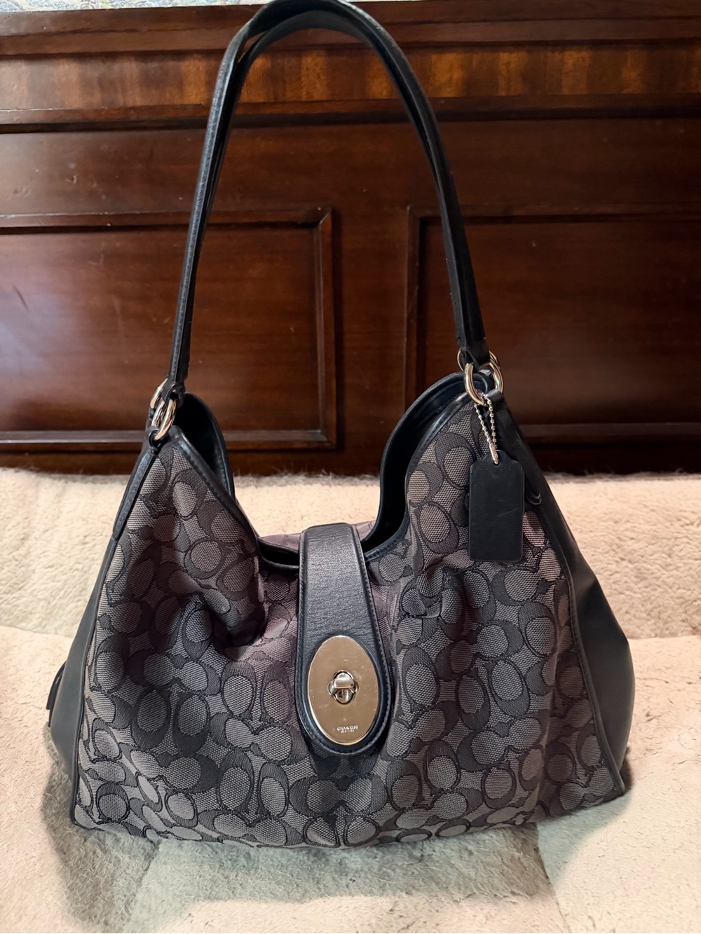 Coach Gray Signature Monogram Shoulder Bag with Turn-Lock